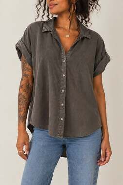 Thread + Supply Short Sleeve Button Down Shirt Gray Denim Blouse Top, Size Small